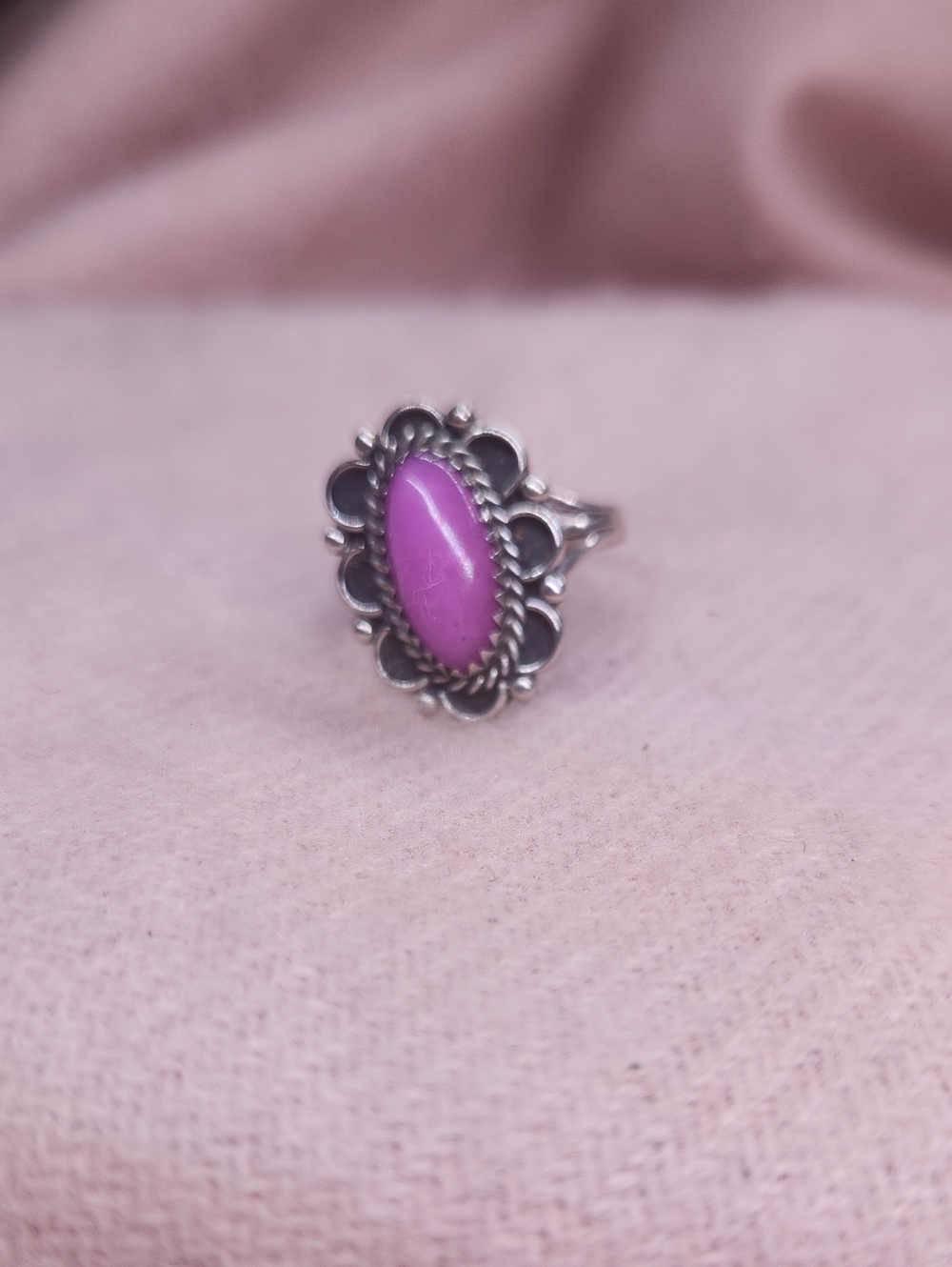Nakai Stamped Navajo Sterling Silver Statement Ring with Pink Stone